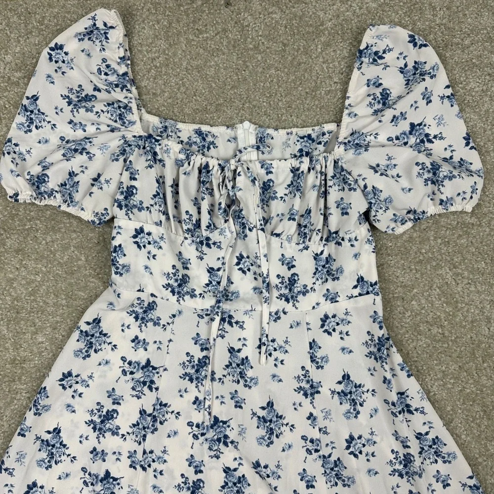 Blue Floral Toile Milkmaid Midi Dress Puff Sleeve Cottagecore Side Slit Medium